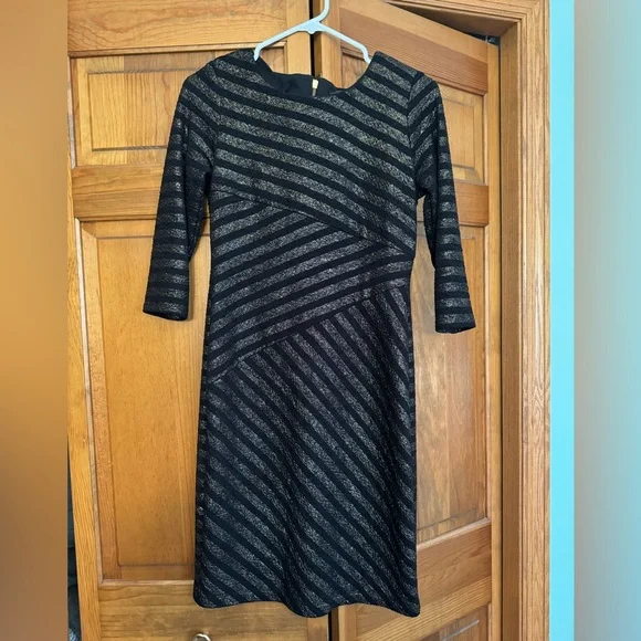 Medium, 3/4-Sleeve Body Contour Dress, Black & Gold Shimmer Stripes, Zipper Back | Color: Black/Gold | Size: M | Forest_Bcacd's Closet